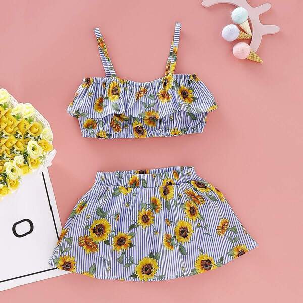 

Baby Girl Sunflower Print Striped Cami Top With Skirt