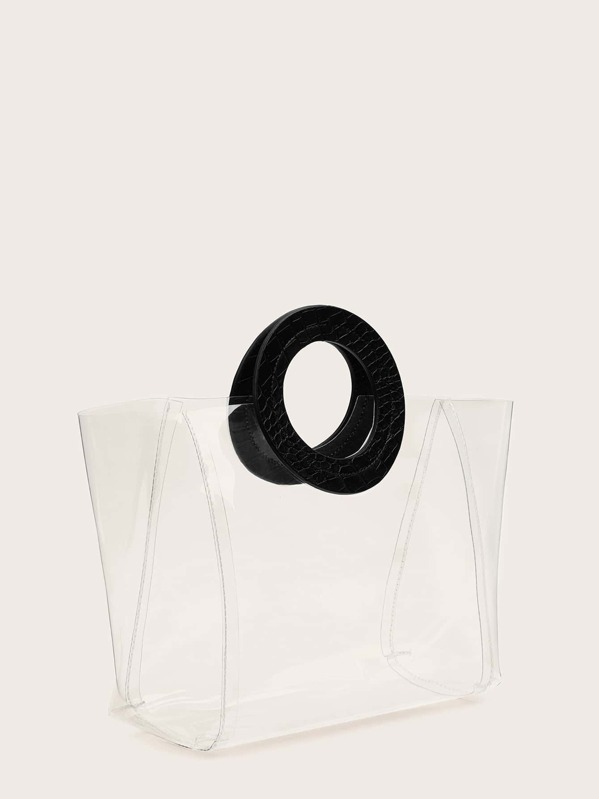 

Clear Tote Bag With Croc Embossed Ring Handle, Black and white
