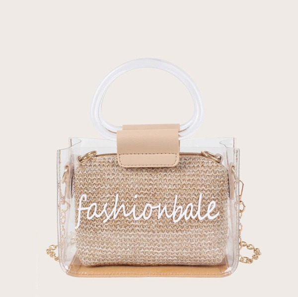 

Slogan Print Clear Bag With Woven Clutch, Khaki