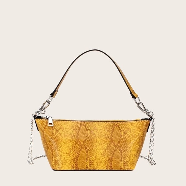 

Snakeskin Print Shoulder Bag With Chain, Yellow