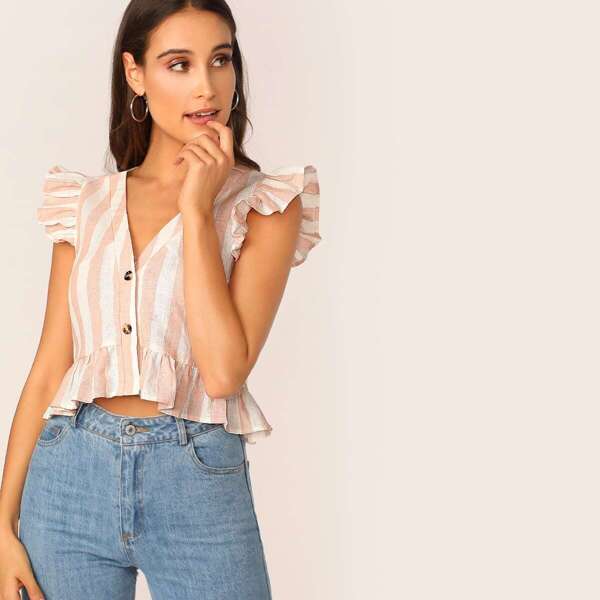 

Ruffle Trim Button Front Striped Peplum Blouse, Pink