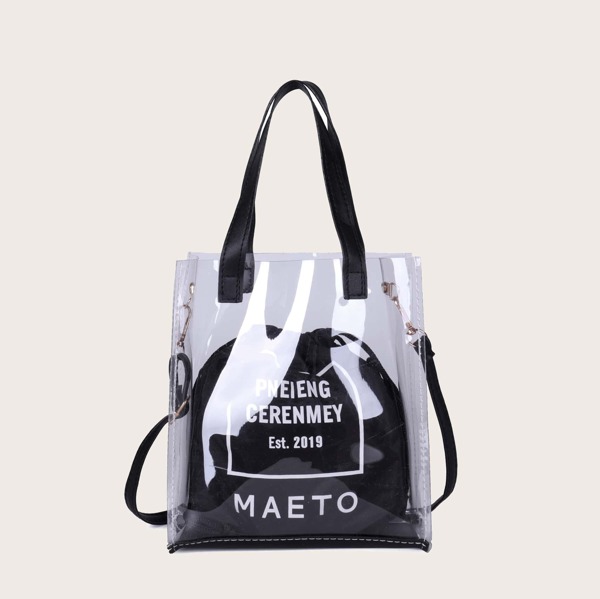 

Letter Print Clear Satchel Bag With Inner Pouch, Black