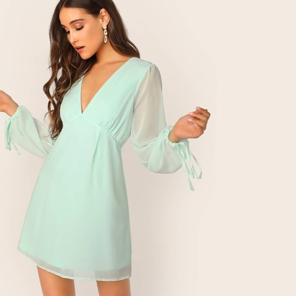 

Drawstring Mesh Sleeve Plunge Dress, Green