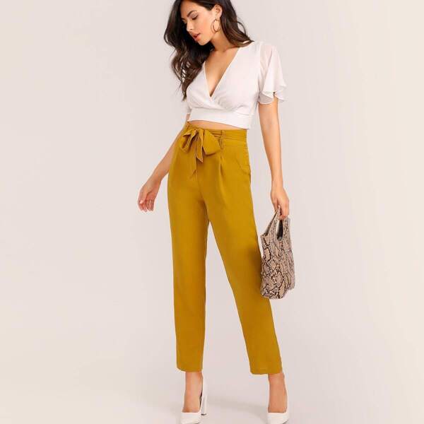 

Slant Pocket Self Belted Pants, Yellow