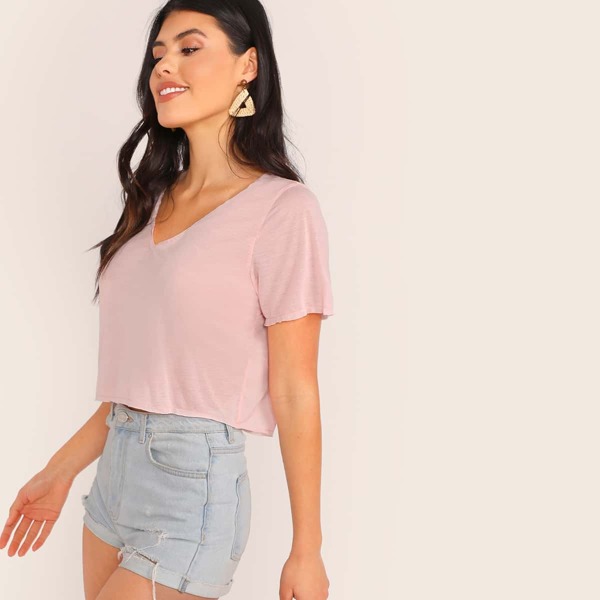 

V-neck Solid Crop Tee, Pastel baby pink