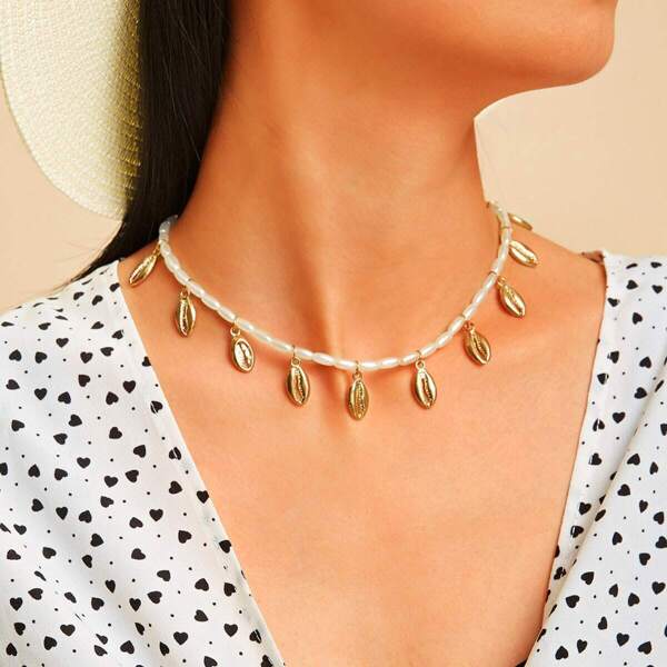 

Shell Charm Faux Pearl Design Chain Necklace 1pc