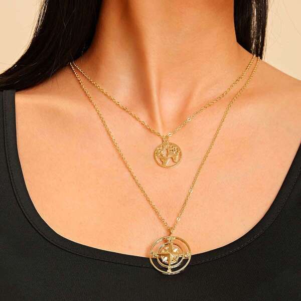 

Earth Shaped Circle Double Layered Chain Pendant Necklace 1pc