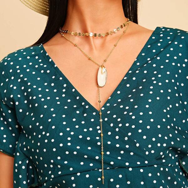 

Shell Charm Disc Design Lariat Layered Chain Necklace 1pc, Gold