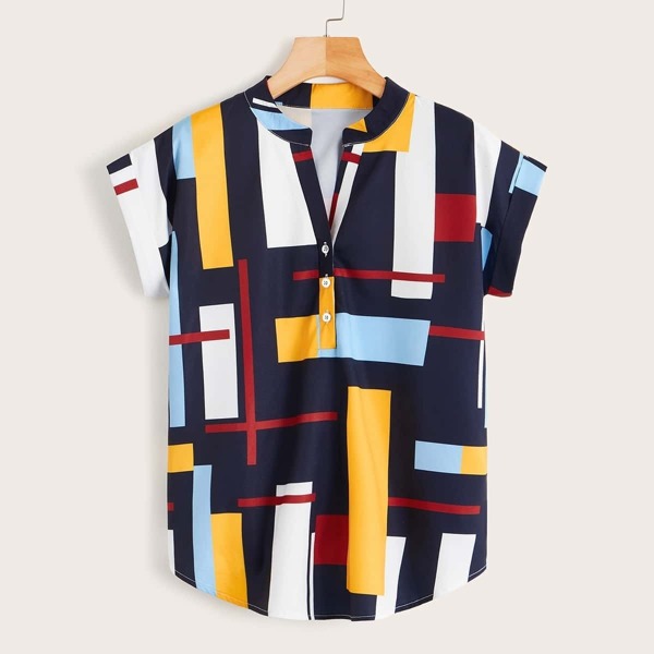 

Roll Up Sleeve Geo Print Blouse