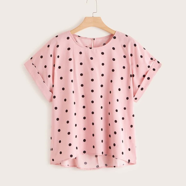 

Plus Polka Dot Dip Hem Blouse, Pink