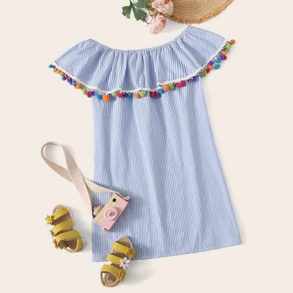 

Girls Pompom Detail Foldover Off Shoulder Dress