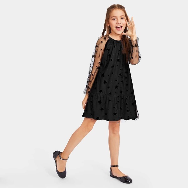 

Girls Star Mesh Overlay Raglan Sleeve Dress