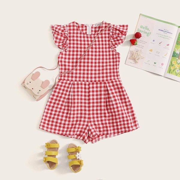 

Girls Gingham Print Ruffle Armhole Romper