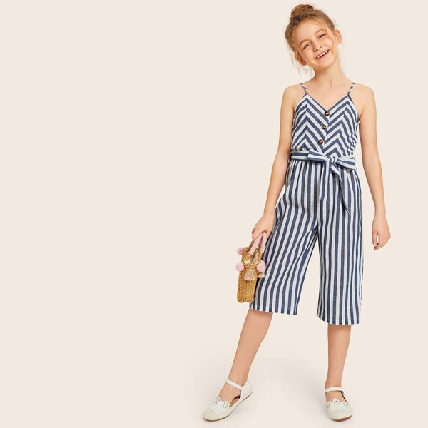 

Girls Button Front Self Belted Striped Culotte Jumpsuit