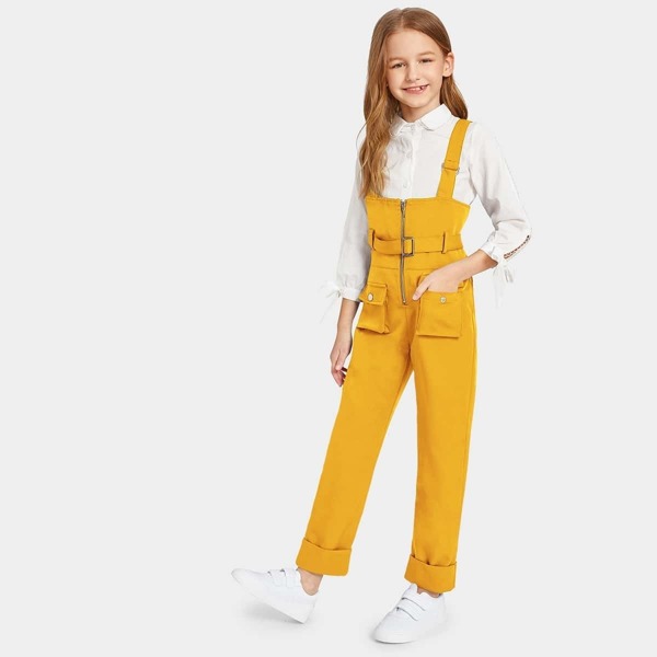 

Girls Zip Front Buckle Belted Flap Pocket Pinafore Jumpsuit