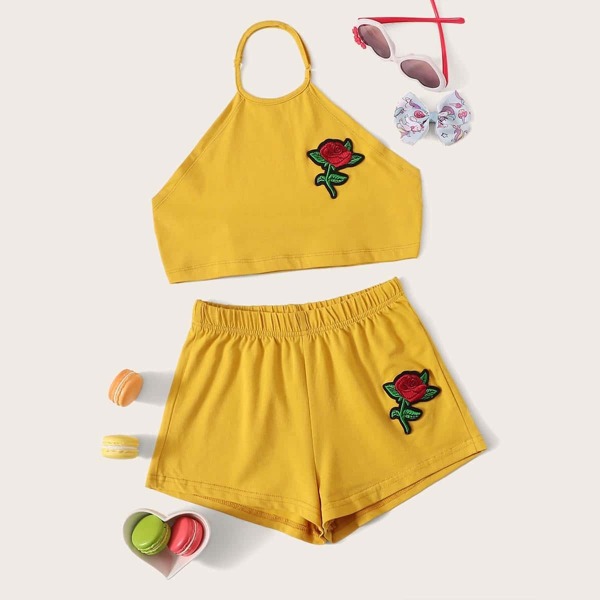 

Girls Tie Back Embroidery Patched Halter Top & Shorts Set