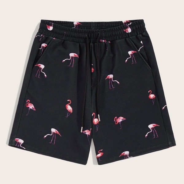 

Men Pocket Patched Flamingo Print Shorts