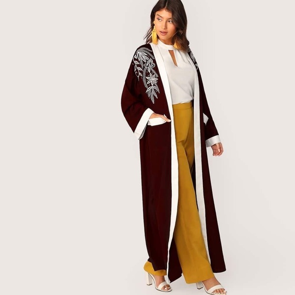 

Contrast Binding Pocket Front Embroidery Abaya, Burgundy