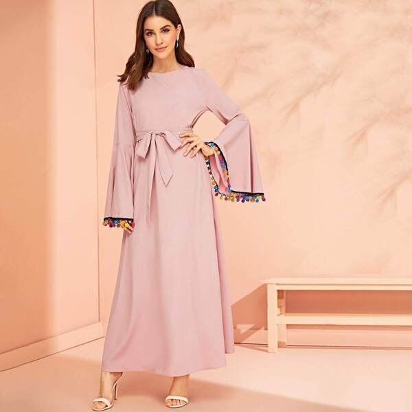 

Pompom Trim Bell Sleeve Belted Maxi Dress, Pink pastel