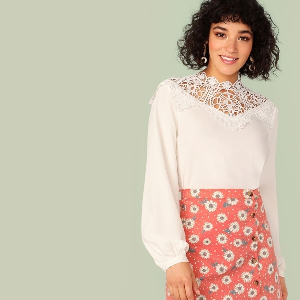 

Guipure Lace Yoke Bishop Sleeve Top