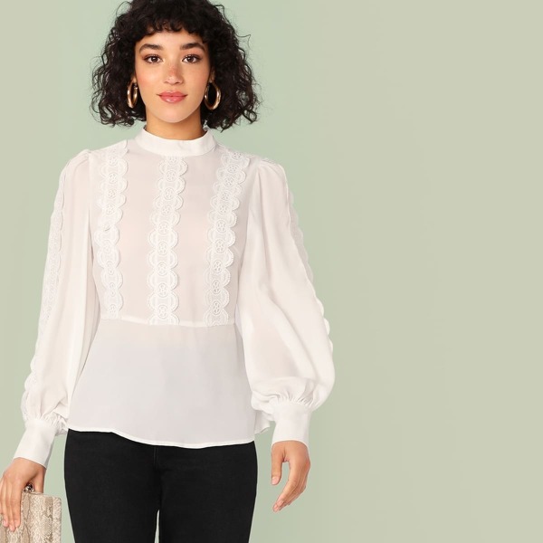 

Mock Neck Lace Tape Peplum Top, White