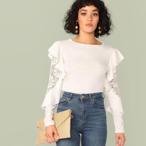 

Lace Insert Sleeve Ruffle Trim Top