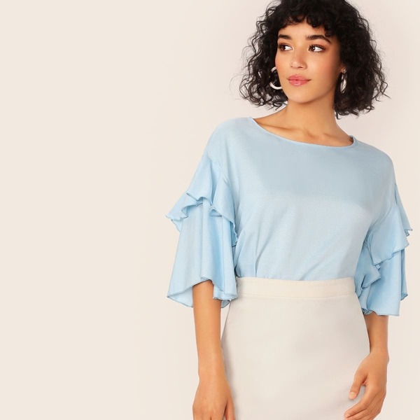 

Drop Shoulder Ruffle Trim Sleeve Top