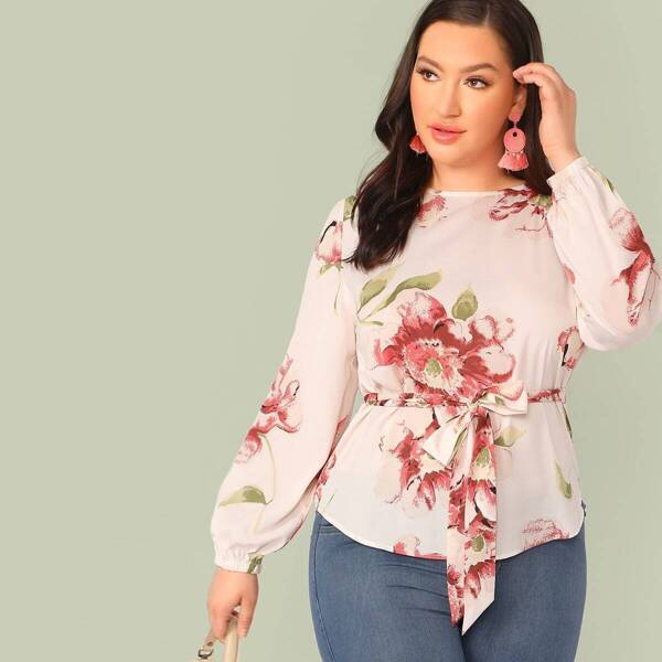 Plus Floral Print Belted Curved Hem Top, Pink