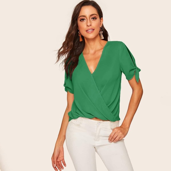 

Knot Split Sleeve Surplice Wrap Top, Green bright