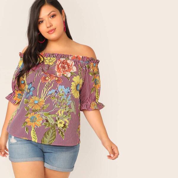 

Plus Off Shoulder Ruffle Trim Striped and Floral Top