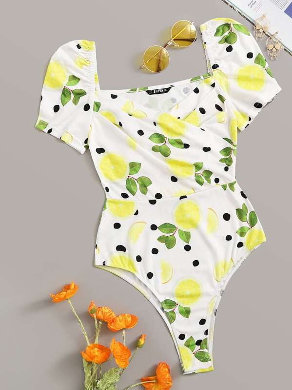 

Lemon and Dot Print Wrap Sweetheart Bodysuit, Multicolor