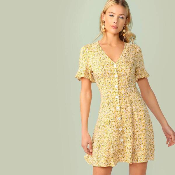 Single Breasted Flounce Sleeve Ditsy Floral Dress