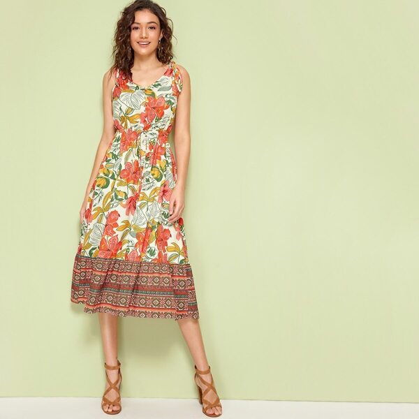 

Tie Strap Tropical & Aztec Print Dress