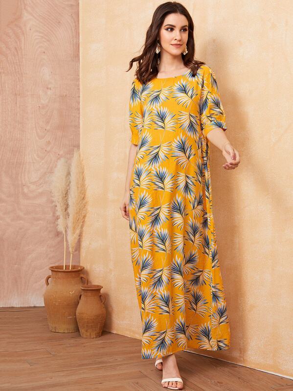 

Jungle Leaf Print Tunic Maxi Dress, Yellow, Vikie