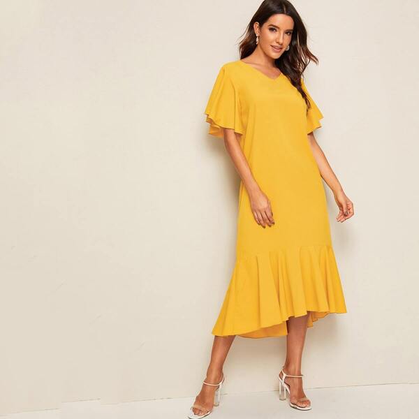 

Flutter Sleeve Asymmetric Flounce Hem Dress, Yellow