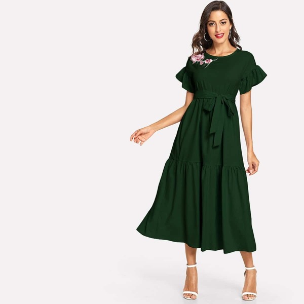 

Ruffle Cuff Embroidered Flounce Hem Belted Dress, Green