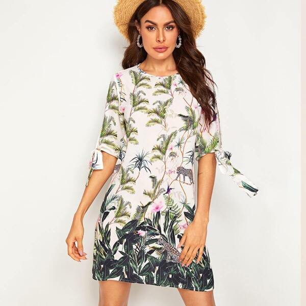 

Split Sleeve Botanical and Leopard Print Dress, Multicolor