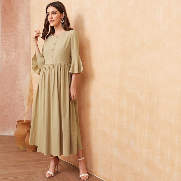 

Button Front Bell Sleeve Dress, Khaki