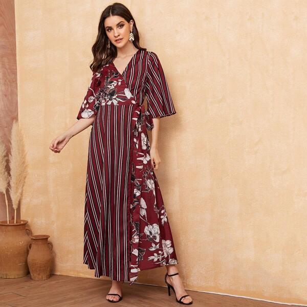 

Floral & Striped Print Surplice Neck Belted Dress, Burgundy