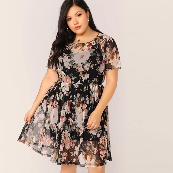 

Plus Floral Print Sheer Dress Without Cami, Multicolor