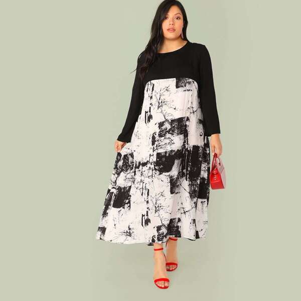 

Plus Ink Painting Smock Dress, Black and white