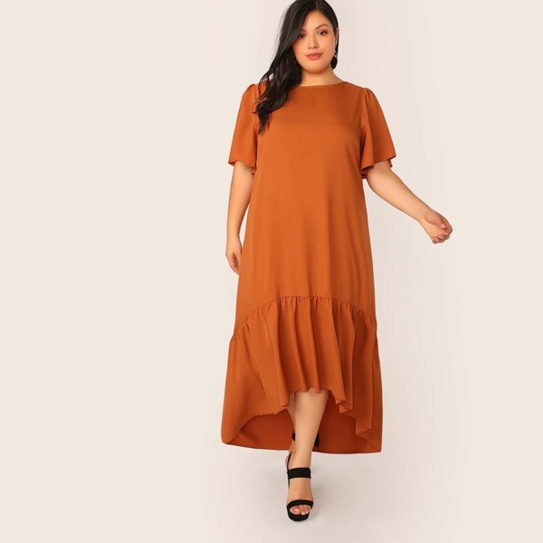 

Plus Flutter Sleeve Lace-up Back Dip Hem Dress, Orange
