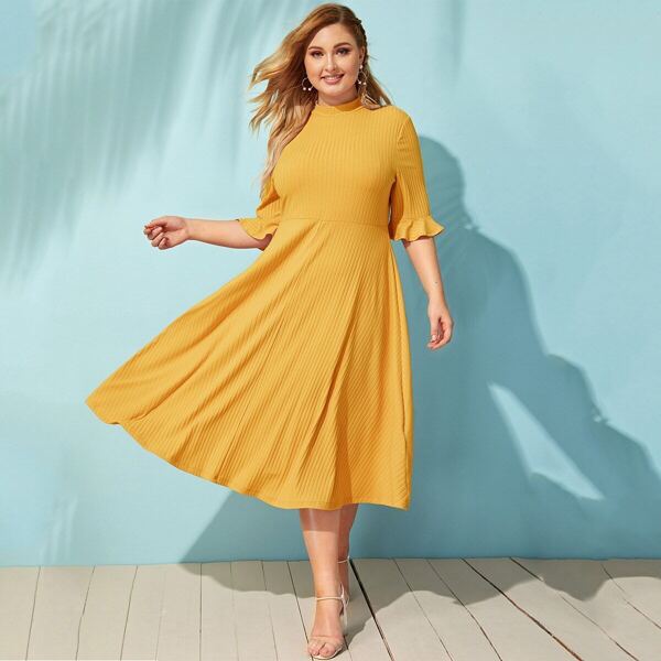 

Plus Mock-neck Bell Sleeve Rib-knit Dress, Yellow