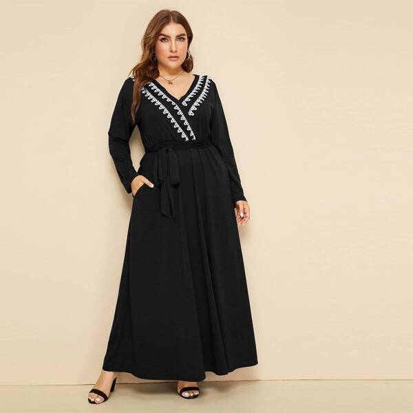 

Plus Surplice Wrap Lace Trim Belted Maxi Dress