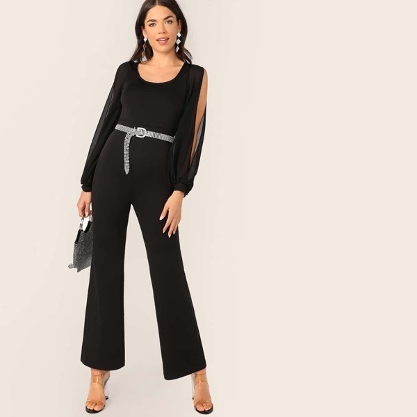 

Slit Sleeve Solid Jumpsuit Without Belt, Black