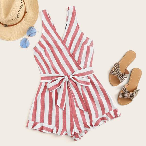 

Ruffle Hem Wrap Belted Striped Romper, Red