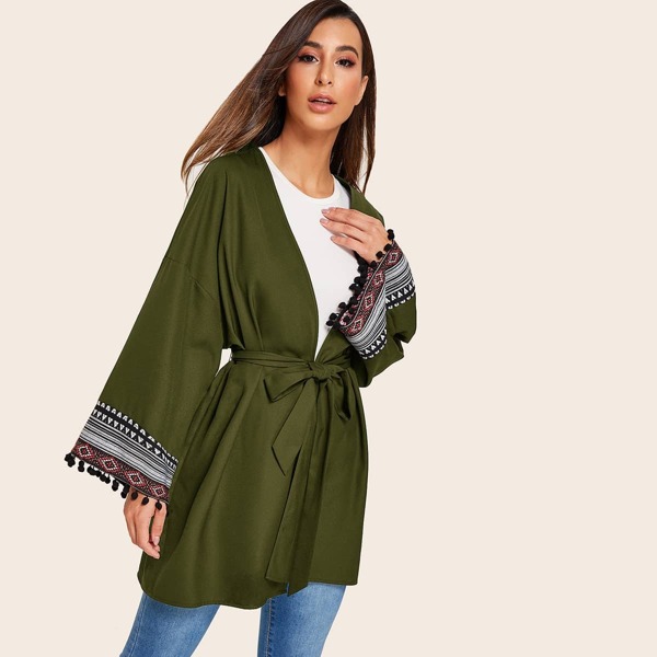 

Drop Shoulder Pompom Trim Tape Cuff Kimono With Belt, Army green