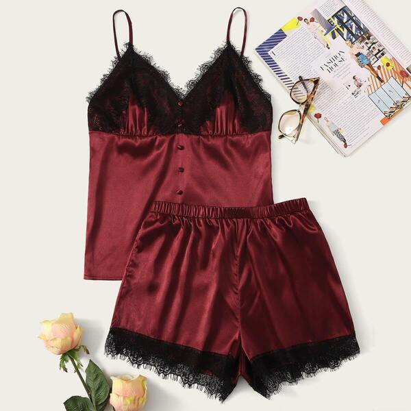 

Button Front Eyelash Lace Velvet Cami Top & Shorts PJ Set