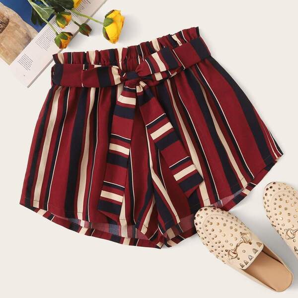 

Paperbag Waist Belted Striped Shorts