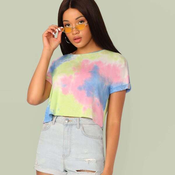 

Cuffed Sleeve Tie Dye Crop Tee